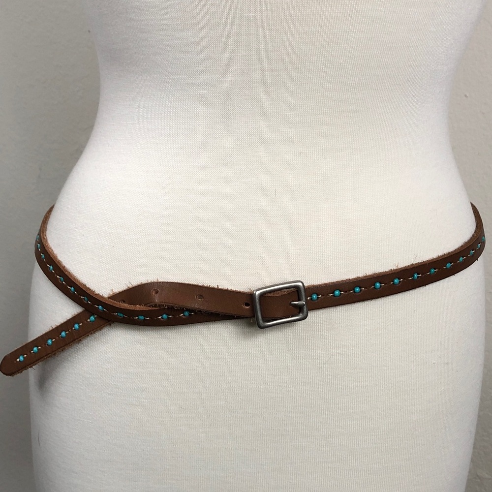 Brown Leather Skinny Belt with Turquoise Bead Accents